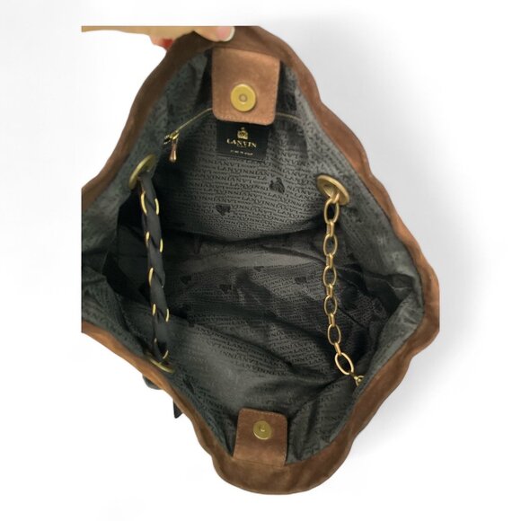 LANVIN "Amalia" Python Print Brown Suede Bucket Shoulder Bag made in Italy 13" H - Picture 13 of 16